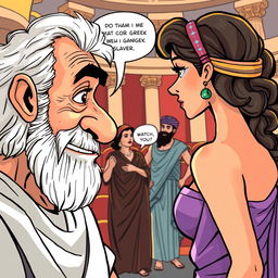 In this cartoon-style illustration, a close-up features an old, toothless Greek man gazing at a young and beautiful Greek woman who is facing away from him, exuding an aura of desire