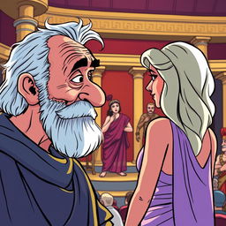 In this cartoon-style illustration, a close-up features an old, toothless Greek man gazing at a young and beautiful Greek woman who is facing away from him, exuding an aura of desire