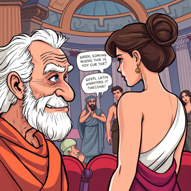 In this cartoon-style illustration, a close-up features an old, toothless Greek man gazing at a young and beautiful Greek woman who is facing away from him, exuding an aura of desire