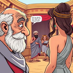 In this cartoon-style illustration, a close-up features an old, toothless Greek man gazing at a young and beautiful Greek woman who is facing away from him, exuding an aura of desire