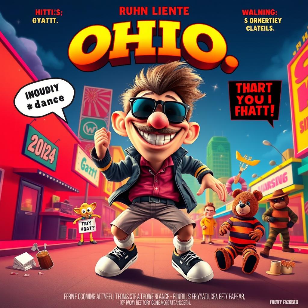 Create a vibrant movie poster featuring a whimsical, exaggerated character that embodies the essence of internet culture, set against a colorful Ohio backdrop