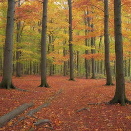 An idyllic scene of a peaceful fall forest, with vibrant leaves filling the trees and gently falling to the forest floor.