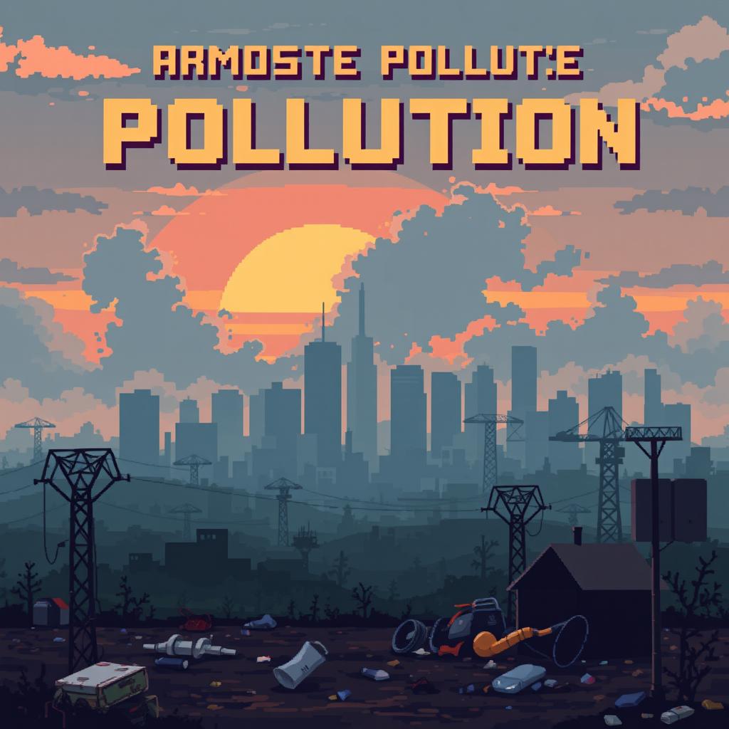 A video game cover design in pixel art style focusing on atmospheric pollution