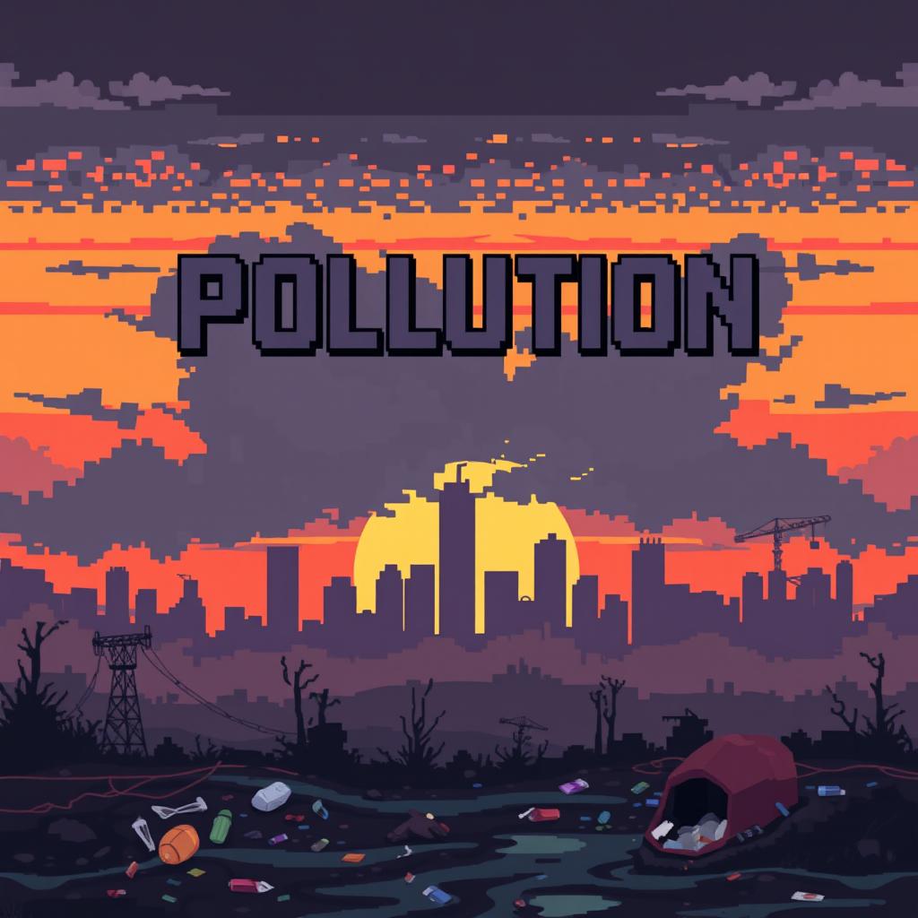 A video game cover design in pixel art style focusing on atmospheric pollution