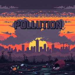 A video game cover design in pixel art style focusing on atmospheric pollution