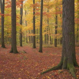 An idyllic scene of a peaceful fall forest, with vibrant leaves filling the trees and gently falling to the forest floor.