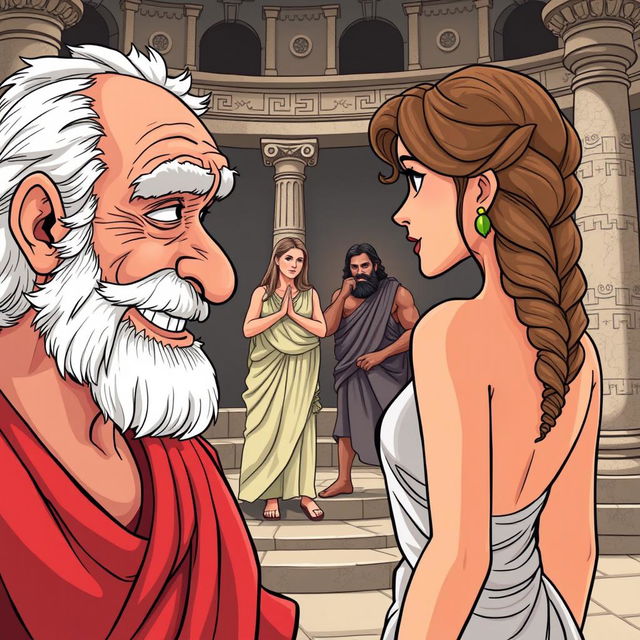 A close-up of an old, toothless Greek man smiling with desire at a young and beautiful Greek woman standing with her back to him