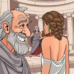 A close-up of an old, toothless Greek man smiling with desire at a young and beautiful Greek woman standing with her back to him