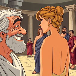 A close-up of an old, toothless Greek man smiling with desire at a young and beautiful Greek woman standing with her back to him