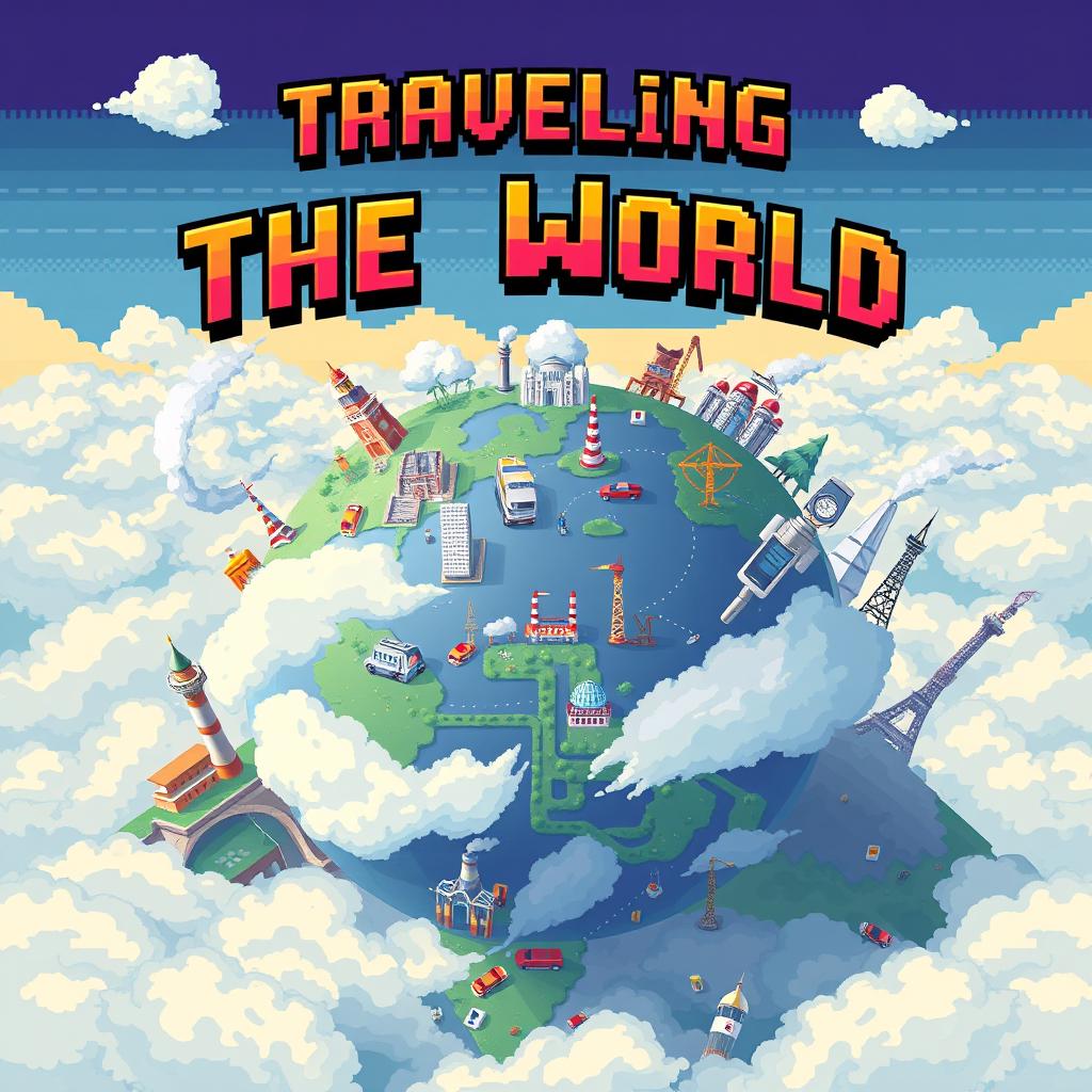 A video game cover design in pixel art style titled 'Traveling the World,' focusing on atmospheric pollution