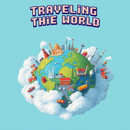 A video game cover design in pixel art style titled 'Traveling the World,' focusing on atmospheric pollution