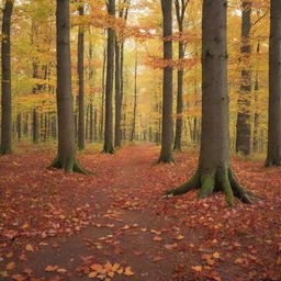 An idyllic scene of a peaceful fall forest, with vibrant leaves filling the trees and gently falling to the forest floor.