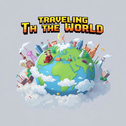 A video game cover design in pixel art style titled 'Traveling the World,' focusing on atmospheric pollution