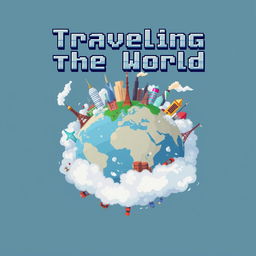 A video game cover design in pixel art style titled 'Traveling the World,' focusing on atmospheric pollution