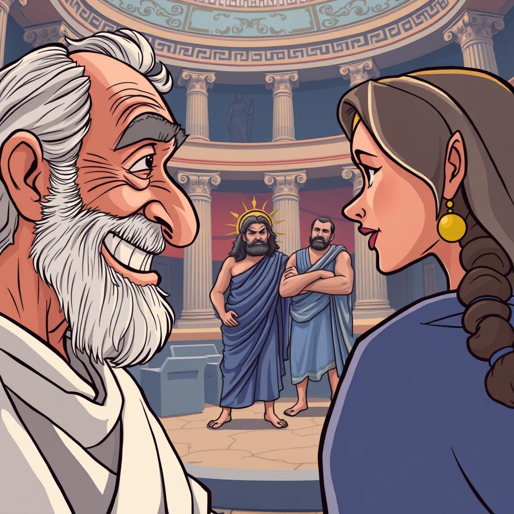 A close-up scene of an old, toothless Greek man smiling with desire at a beautiful young Greek woman who is facing away from him