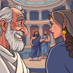 A close-up scene of an old, toothless Greek man smiling with desire at a beautiful young Greek woman who is facing away from him