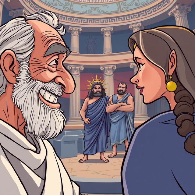 A close-up scene of an old, toothless Greek man smiling with desire at a beautiful young Greek woman who is facing away from him