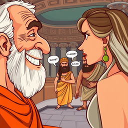 A close-up scene of an old, toothless Greek man smiling with desire at a beautiful young Greek woman who is facing away from him