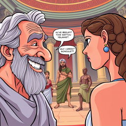 A close-up scene of an old, toothless Greek man smiling with desire at a beautiful young Greek woman who is facing away from him