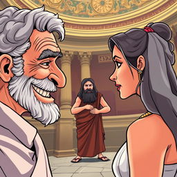 A close-up scene of an old, toothless Greek man smiling with desire at a beautiful young Greek woman who is facing away from him