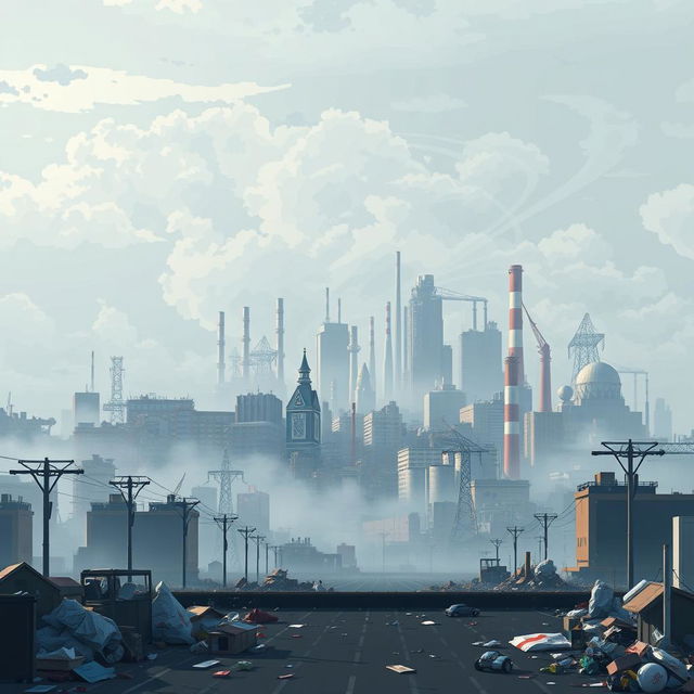 A captivating video game cover design in pixel art style focused on atmospheric pollution, without any text or title