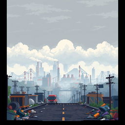A captivating video game cover design in pixel art style focused on atmospheric pollution, without any text or title