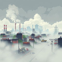 A captivating video game cover design in pixel art style focused on atmospheric pollution, without any text or title