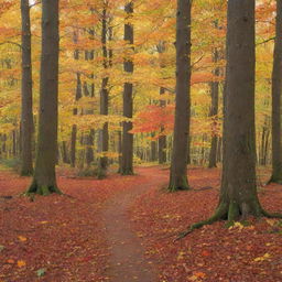 An idyllic scene of a peaceful fall forest, with vibrant leaves filling the trees and gently falling to the forest floor.