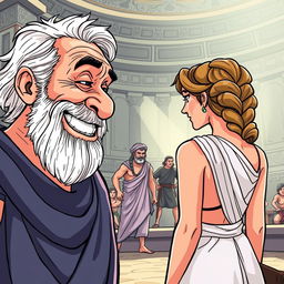 A close-up of an old, toothless Greek man smiling with desire at a young, beautiful Greek woman who is standing with her back completely turned