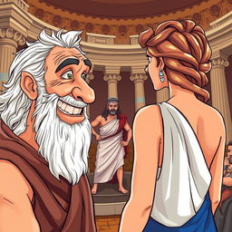 A close-up of an old, toothless Greek man smiling with desire at a young, beautiful Greek woman who is standing with her back completely turned