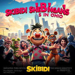 Create a movie poster titled 'Skibidi Shenanigans in Ohio' featuring a vibrant and chaotic urban scene filled with energetic dancers performing the Skibidi dance and the griddy