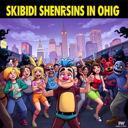 Create a movie poster titled 'Skibidi Shenanigans in Ohio' featuring a vibrant and chaotic urban scene filled with energetic dancers performing the Skibidi dance and the griddy