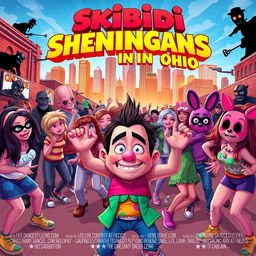 Create a movie poster titled 'Skibidi Shenanigans in Ohio' featuring a vibrant and chaotic urban scene filled with energetic dancers performing the Skibidi dance and the griddy