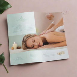 An elegant brochure design for a wellness massage parlor featuring calming colors, charming images of soothing massages, along with compelling content detailing the services.