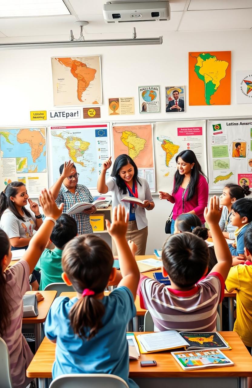 A vibrant and engaging depiction of Latin American educators engaging with students in a dynamic classroom environment