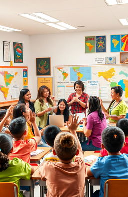 A vibrant and engaging depiction of Latin American educators engaging with students in a dynamic classroom environment