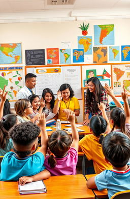 A vibrant and engaging depiction of Latin American educators engaging with students in a dynamic classroom environment