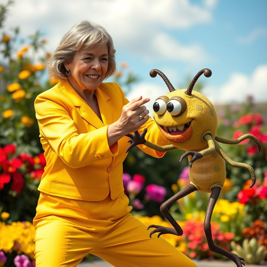 A humorous scene featuring a middle-aged woman dressed in a bright yellow outfit, playfully fighting with a cartoonish cancer-themed creature