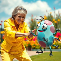 A humorous scene featuring a middle-aged woman dressed in a bright yellow outfit, playfully fighting with a cartoonish cancer-themed creature