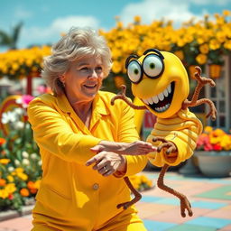 A humorous scene featuring a middle-aged woman dressed in a bright yellow outfit, playfully fighting with a cartoonish cancer-themed creature