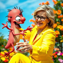 A humorous scene featuring a middle-aged woman dressed in a bright yellow outfit, playfully fighting with a cartoonish cancer-themed creature