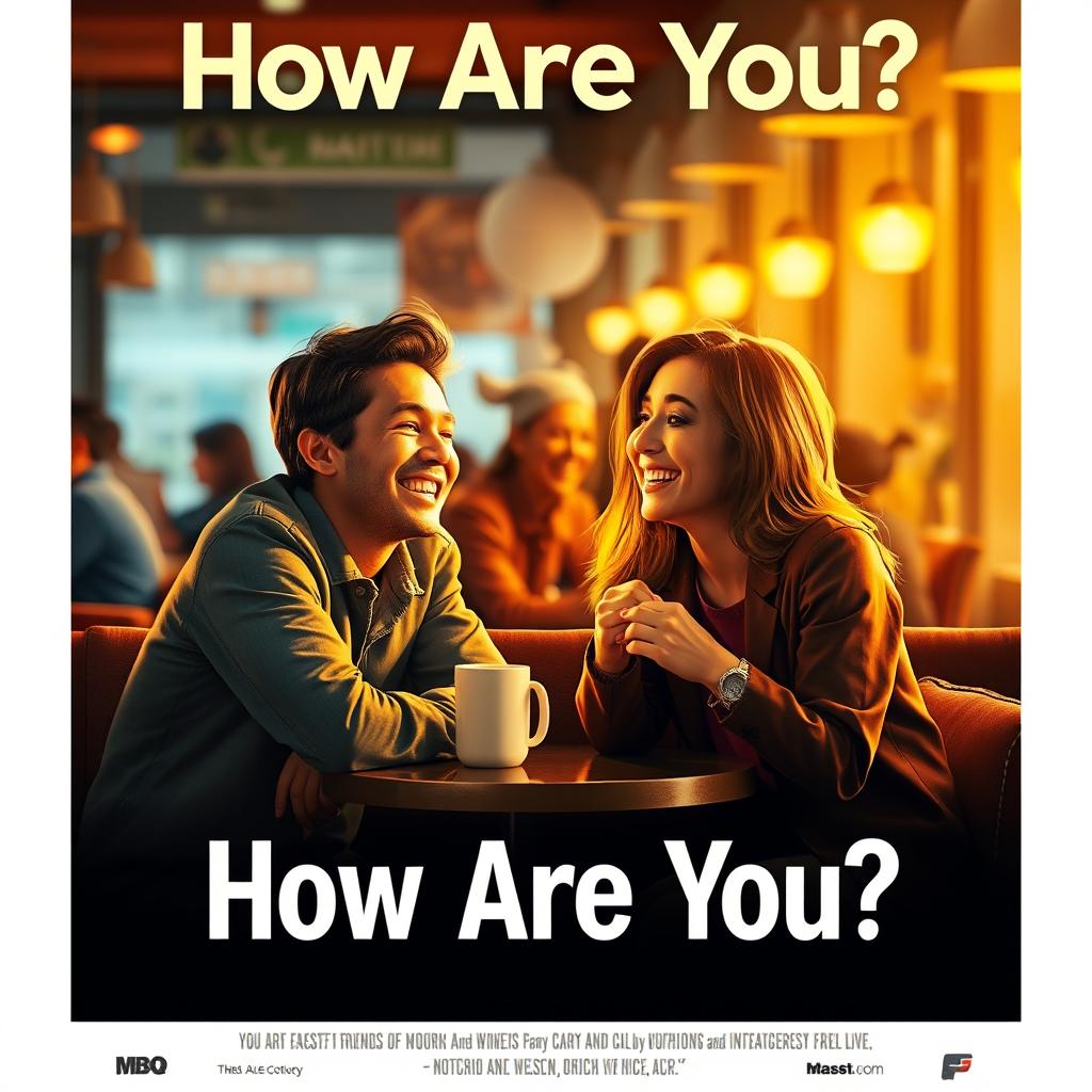 Create a vibrant movie poster titled 'How Are You?' featuring two friends in a cozy café setting