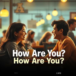 Create a vibrant movie poster titled 'How Are You?' featuring two friends in a cozy café setting