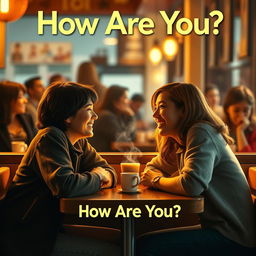 Create a vibrant movie poster titled 'How Are You?' featuring two friends in a cozy café setting