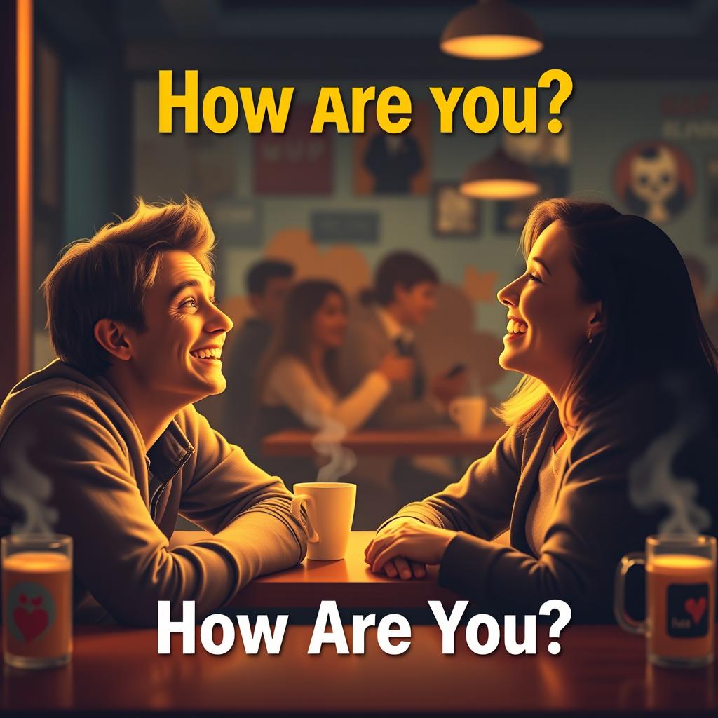 Create a vibrant movie poster titled 'How Are You?' featuring two friends in a cozy café setting