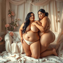 A sensual and artistic portrayal of voluptuous women with ample figures, capturing their beauty in an elegant and tasteful manner, emphasizing body positivity and confidence