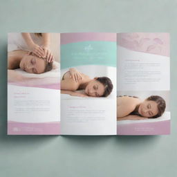 An elegant brochure design for a wellness massage parlor featuring calming colors, charming images of soothing massages, along with compelling content detailing the services.