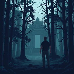 A pixel art scene depicting a dark, eerie forest