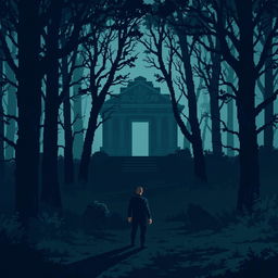 A pixel art scene depicting a dark, eerie forest