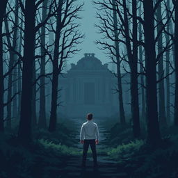 A pixel art scene depicting a dark, eerie forest